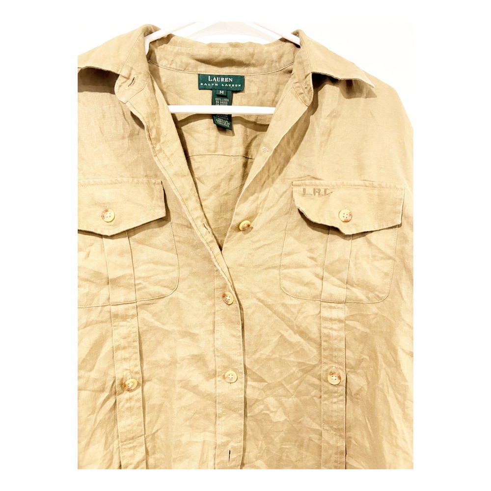 Lauren Ralph Lauren Tan Linen Safari Shirt Roll Tab Sleeve Utility Top Khaki M - Picture 3 of 4